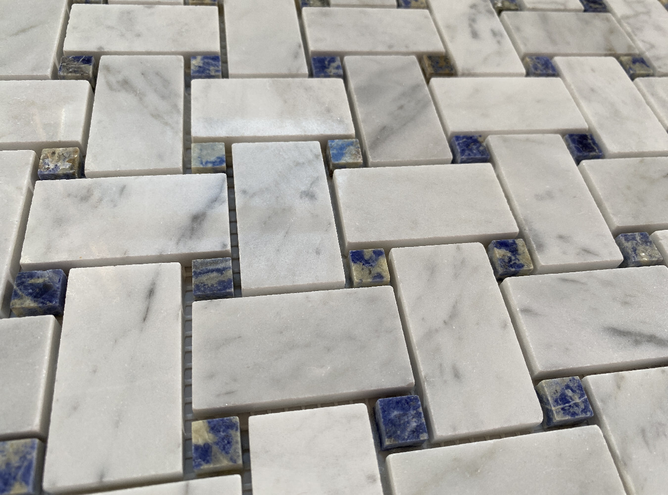 C656XP Carrara White Marble Basketweave Mosaic Tile Azul Blue Dots Polished