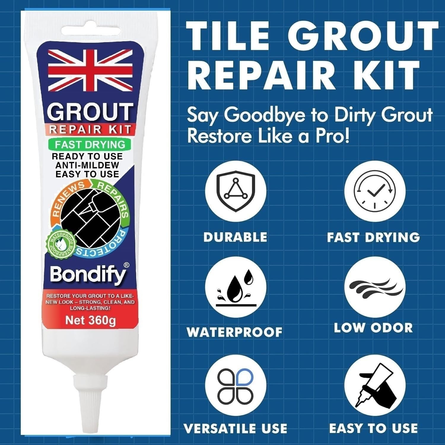 Waterproof Tile Grout Repair Kit – Fast Drying Premixed Acrylic Filler, 2 x 13.4