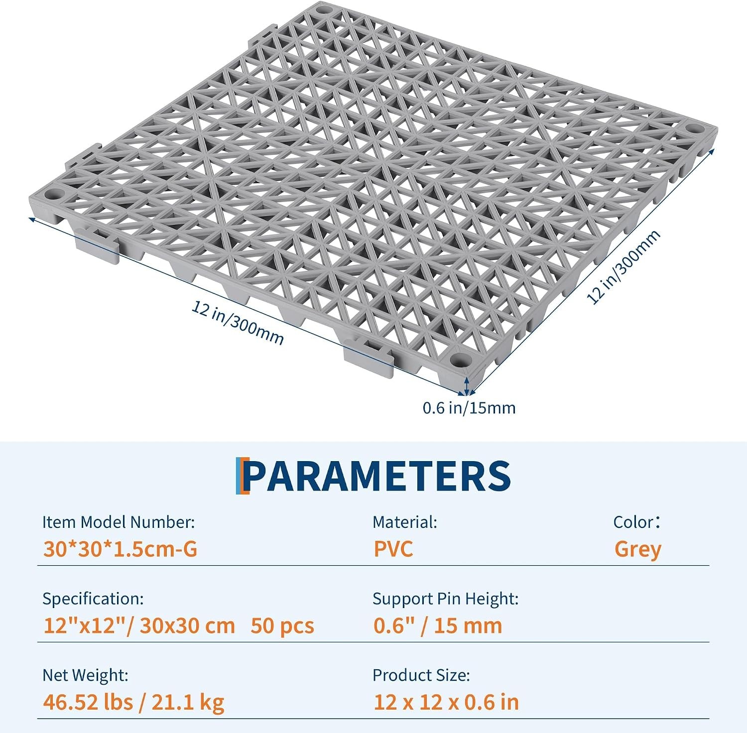 Set of 50 Interlocking Garage Floor Tiles 12×12 in Drainage Modular Deck Tile