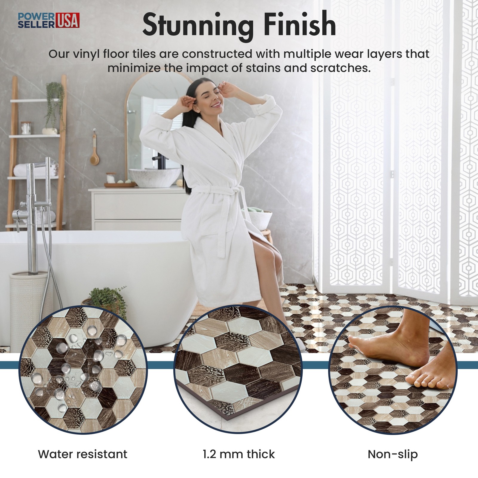 PowerSellerUSA Vinyl Self Adhesive Floor Tiles 20 PCS 12″ x 12″, Rustic Hexagon