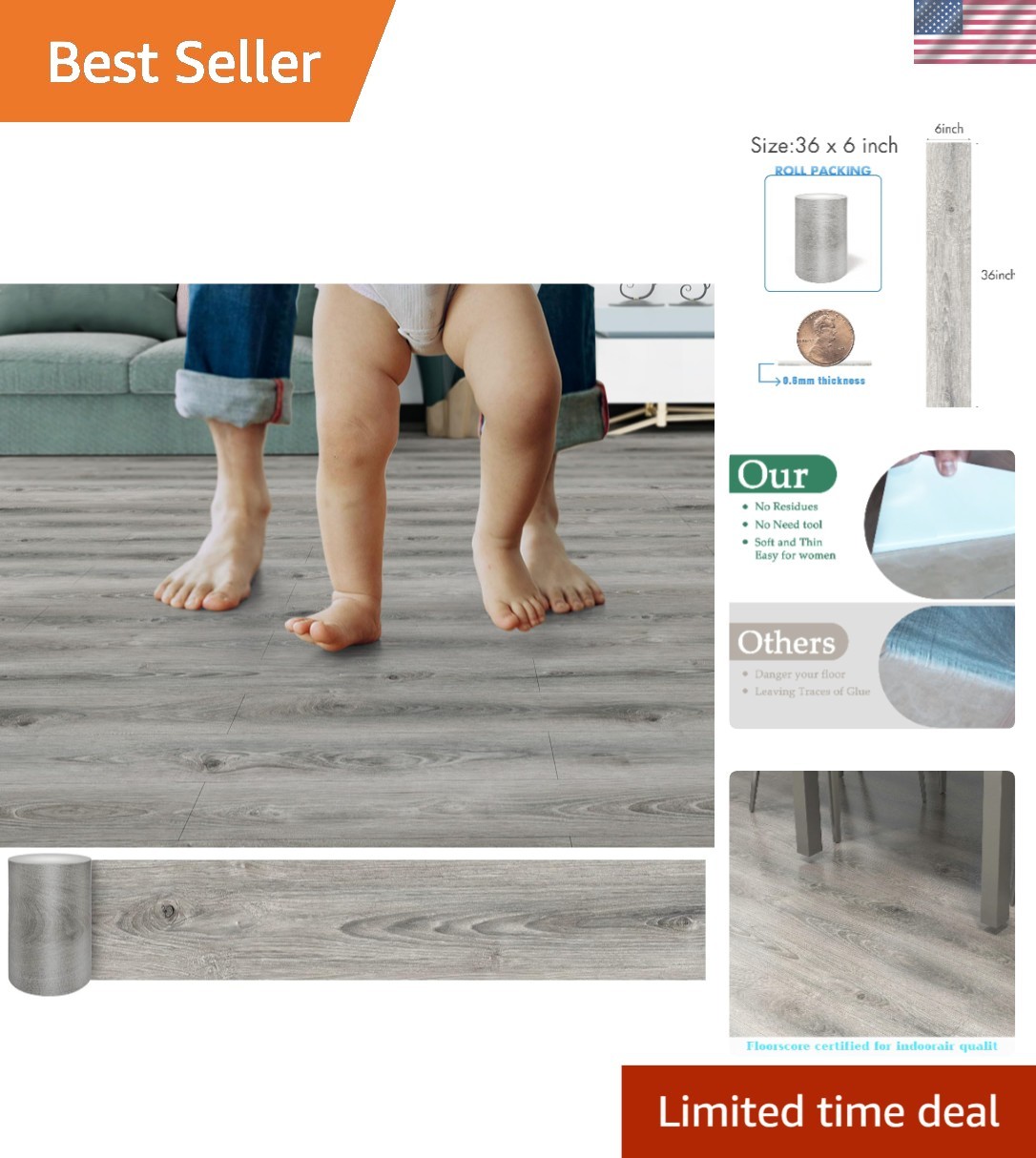 Elegant Peel and Stick Waterproof Flooring – 36 Pack Wood Grain Tiles (54 Sq.Ft)