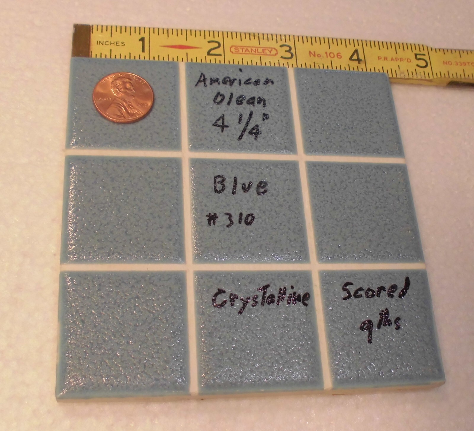 1 pc. “Blue” Scored in 9ths, Crystalline Ceramic Tile: American Olean…4-1/4″