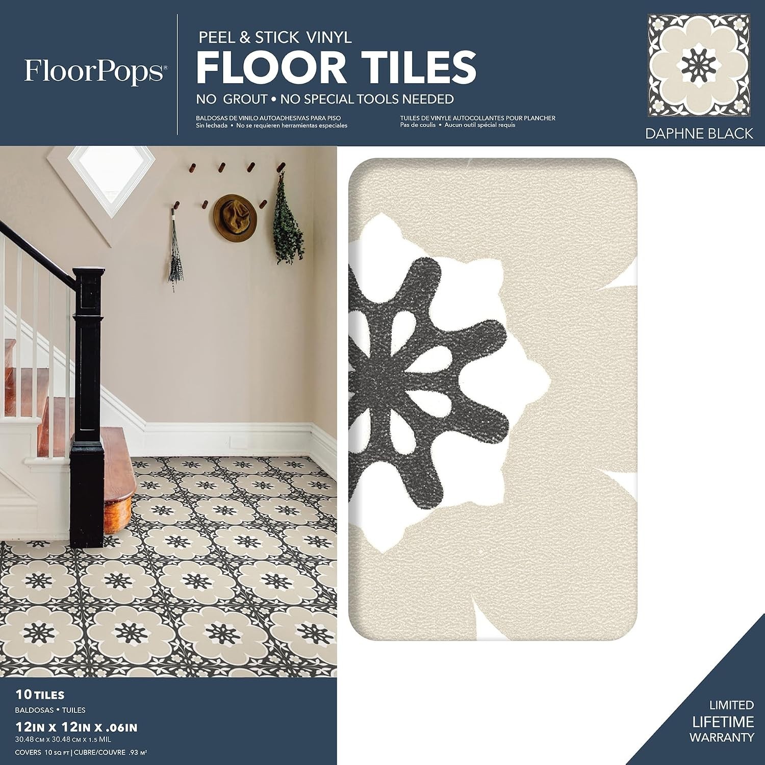 12-in by 12-in Black Daphne Vinyl Peel & Stick Floor Tiles 10 Tiles, 10 sq.ft…