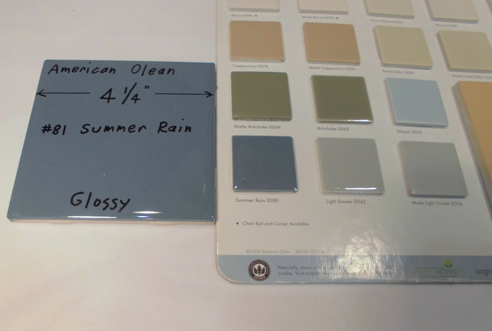 1 pc. Glossy Ceramic Tiles *Blue-Gray * by American Olean 4-1/4″ *Summer Rain*