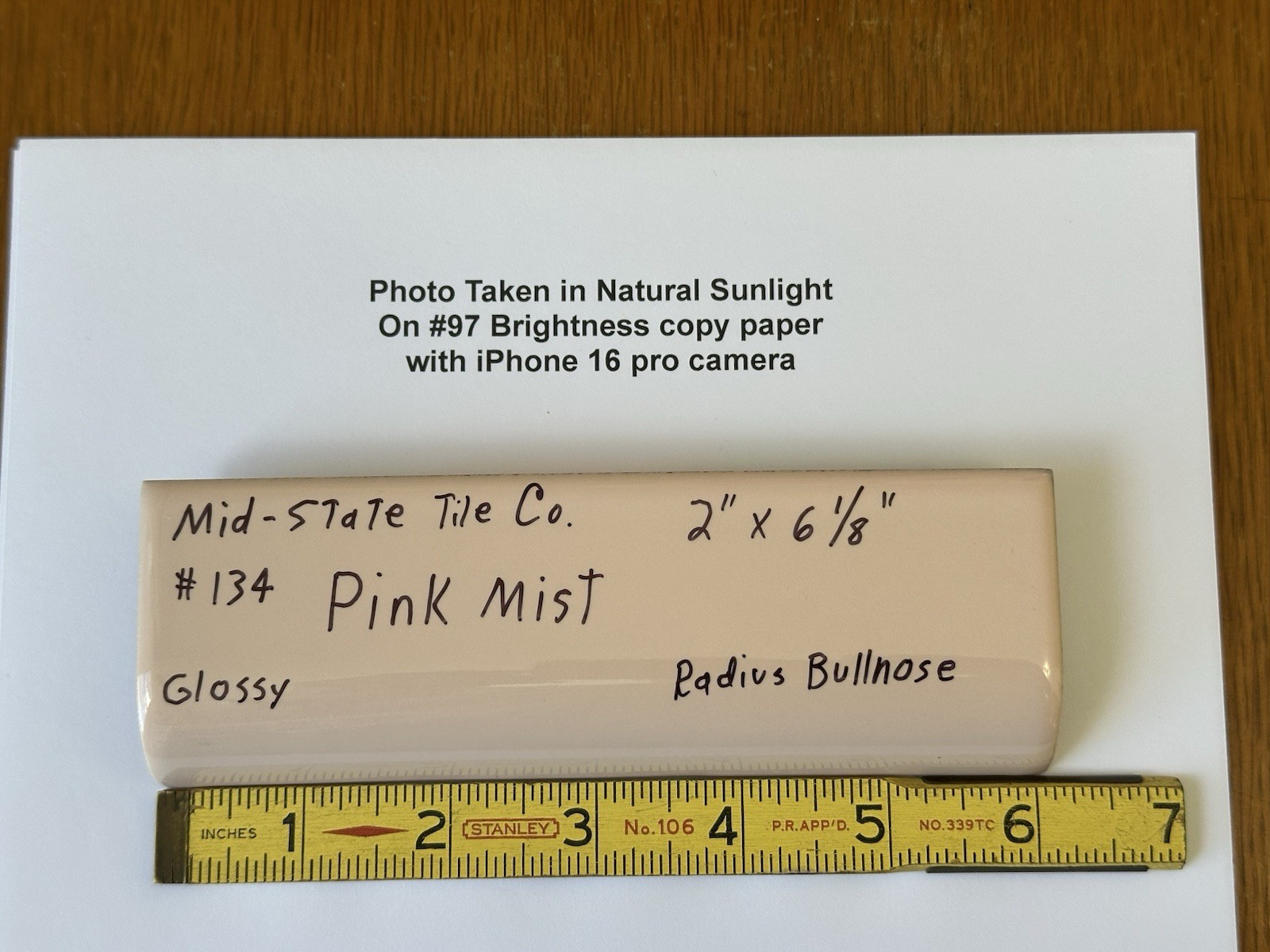 1pc. Peachy Pink Mist: 2″ X 6″ Ceramic Radius Mud Cap Bullnose Tile, NOS