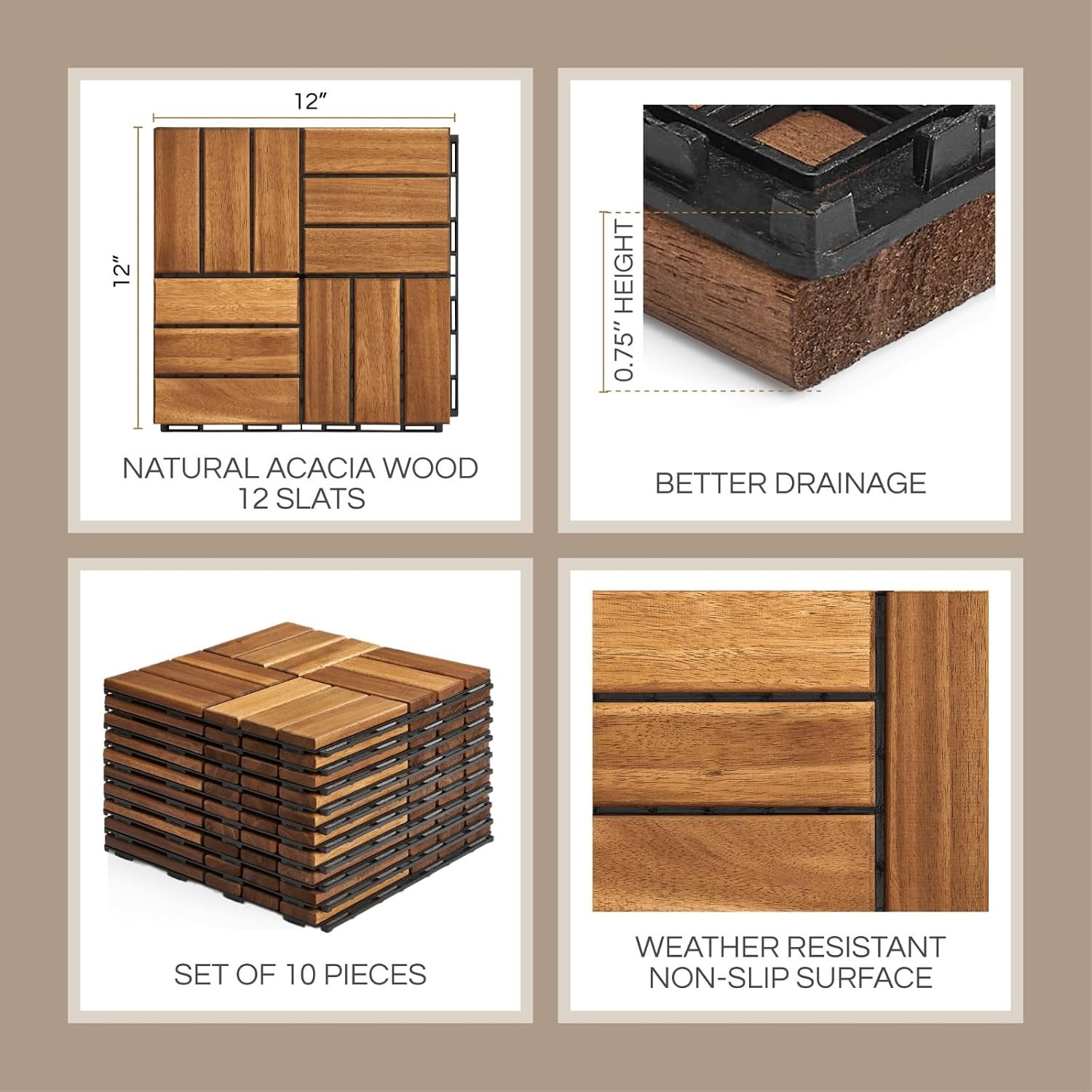 Crossed Pattern Interlocking Deck Tiles – 12”x12” Waterproof Acacia Wood Set
