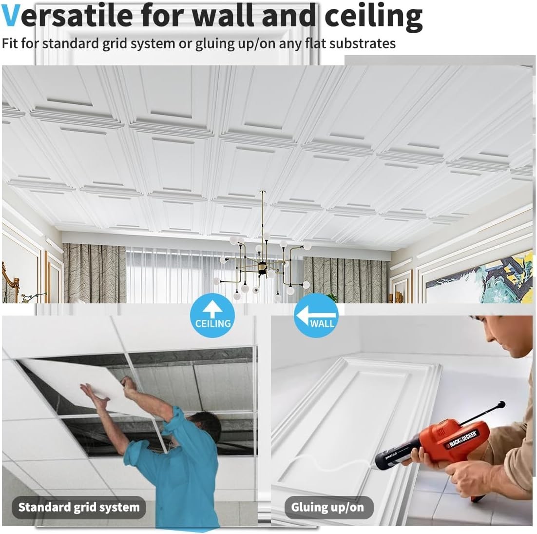 Drop Ceiling Tiles, 24x48in. White 12-Pack, Polyvinyl Chloride PVC, Glue Down
