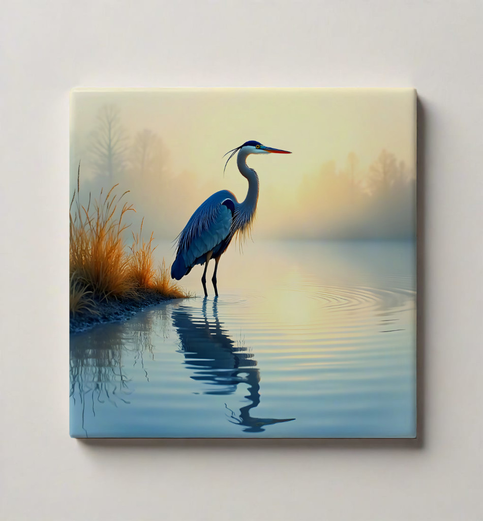 Heron bird Ceramic Tile 4.25×4.25, 6×6 or 8×8 inches Printed in USA