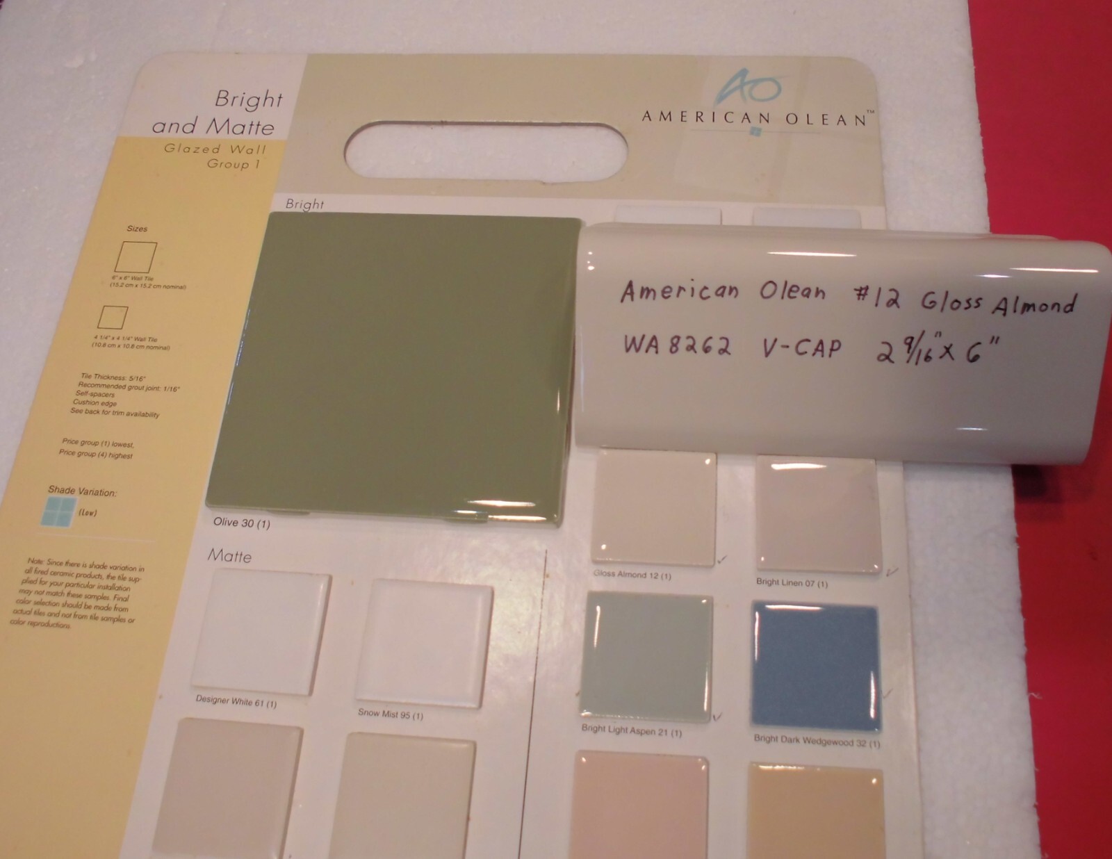 1 pc. Almond: V Cap Ceramic Trim Tile: Counter-Top Edging, American Olean #12