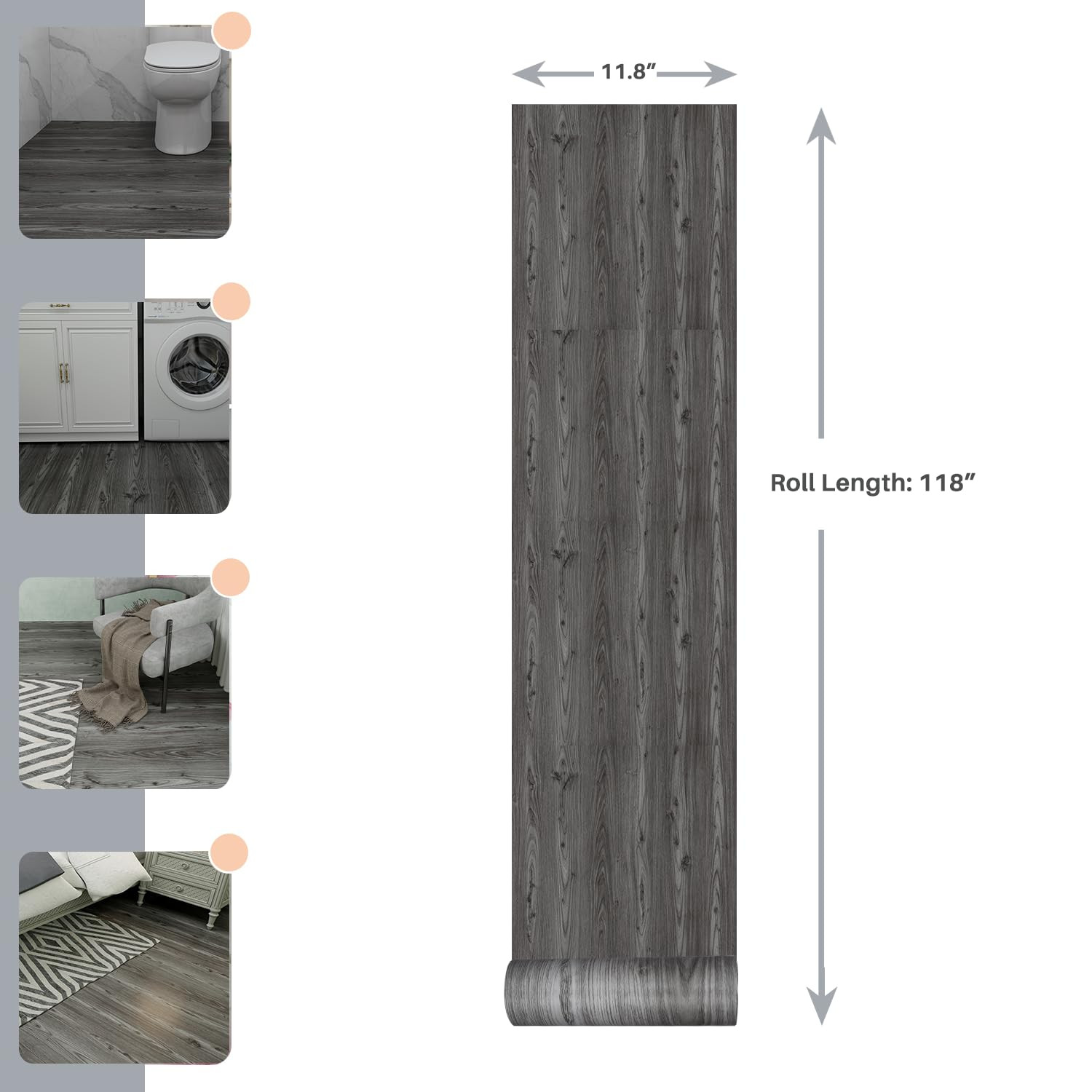 Peel and Stick Floor Tile – 11.8″ X 118″ Grey Vinyl Flooring Roll, Wood Grain Te