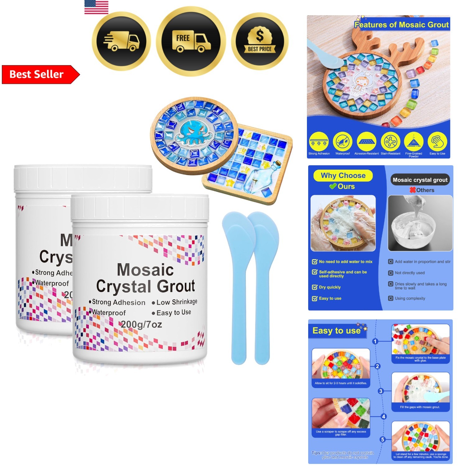 Mosaic Crystal Grout Kit with Scraper for DIY Tile Crafts Waterproof 14oz