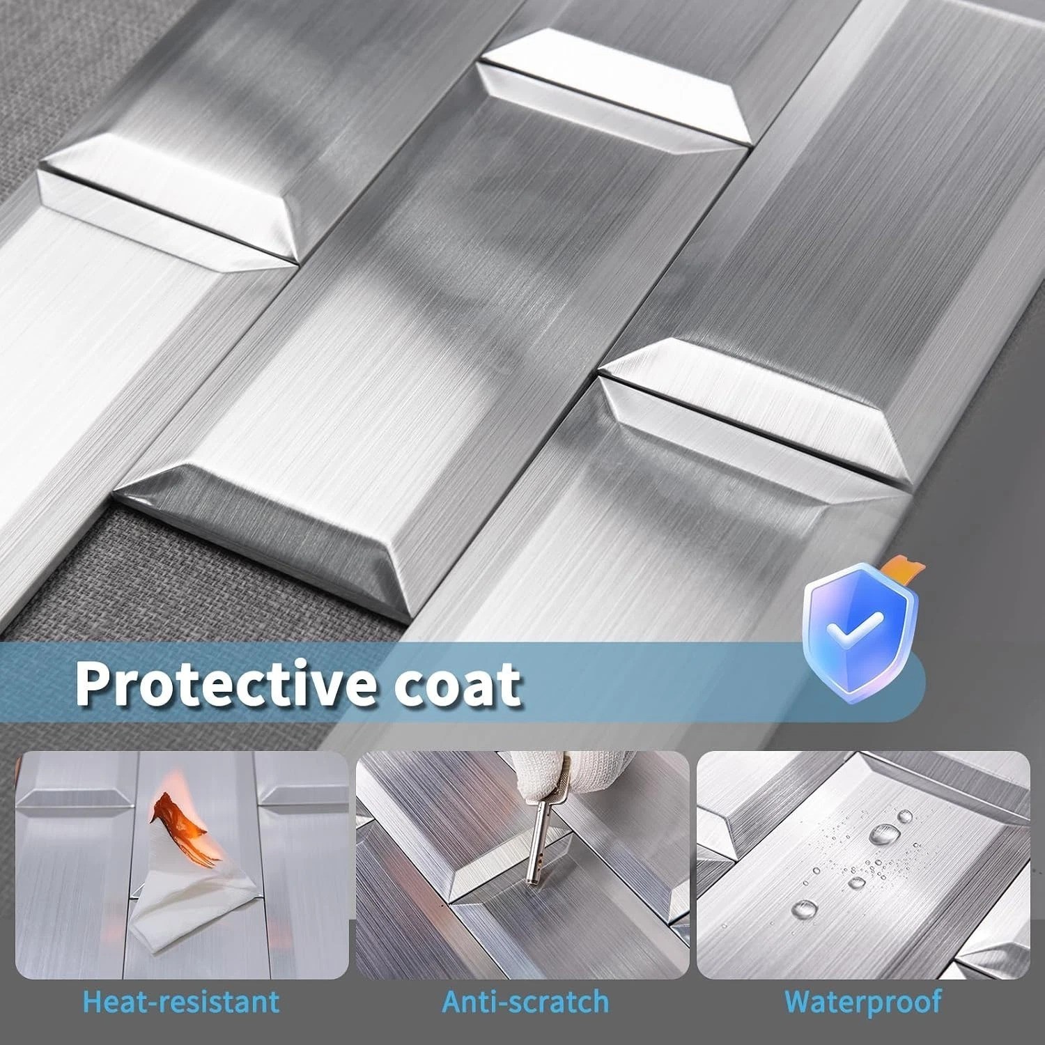 Modern Stainless Stick-On Subway Tiles, 100-Pcs, 3D Texture