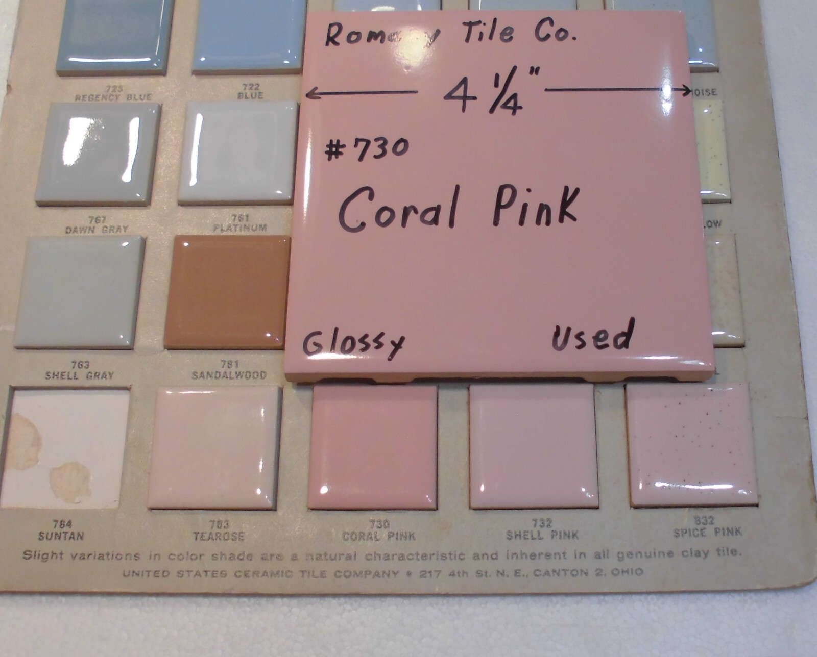 1 pc. Coral Pink #730 by Romany Tile Co. 4-1/4″ Glossy Ceramic from 1940’s Used