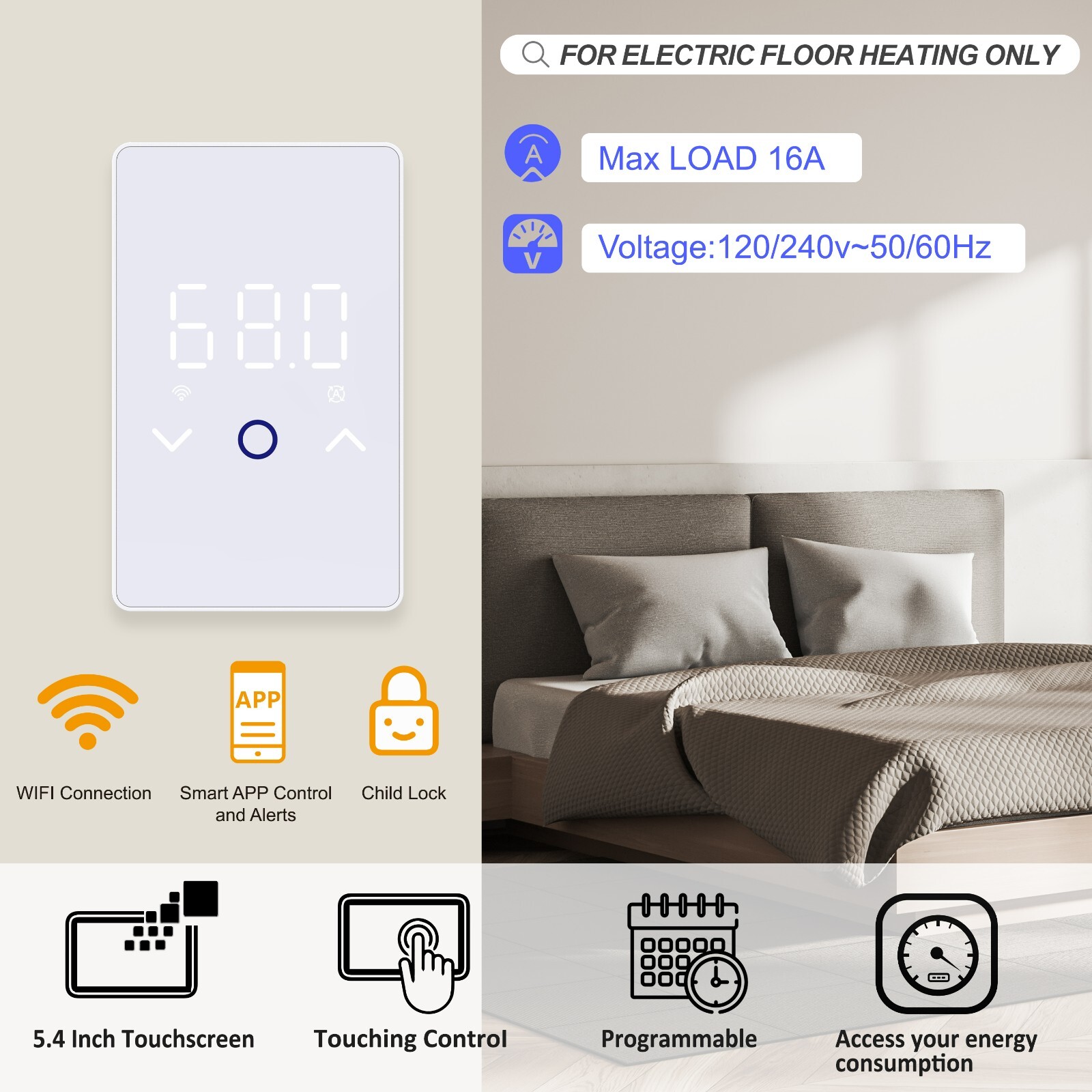 Smart WiFi Floor Heating Kit with Touchscreen Thermostat 120V/240V