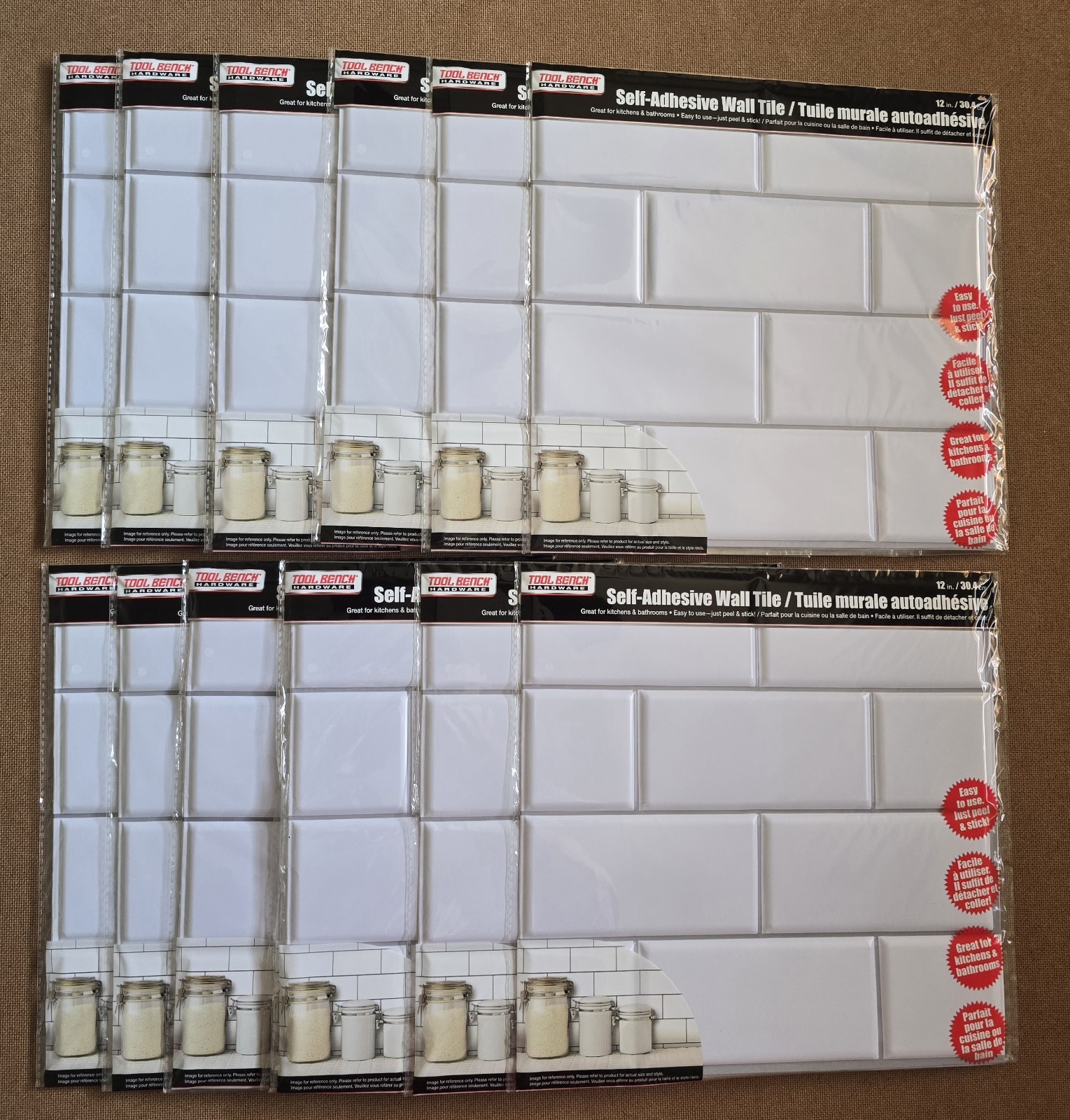 Tool Bench Hardware Self Adhesive White Wall Brick Tile 12×12″ Subway 12 Ct. New