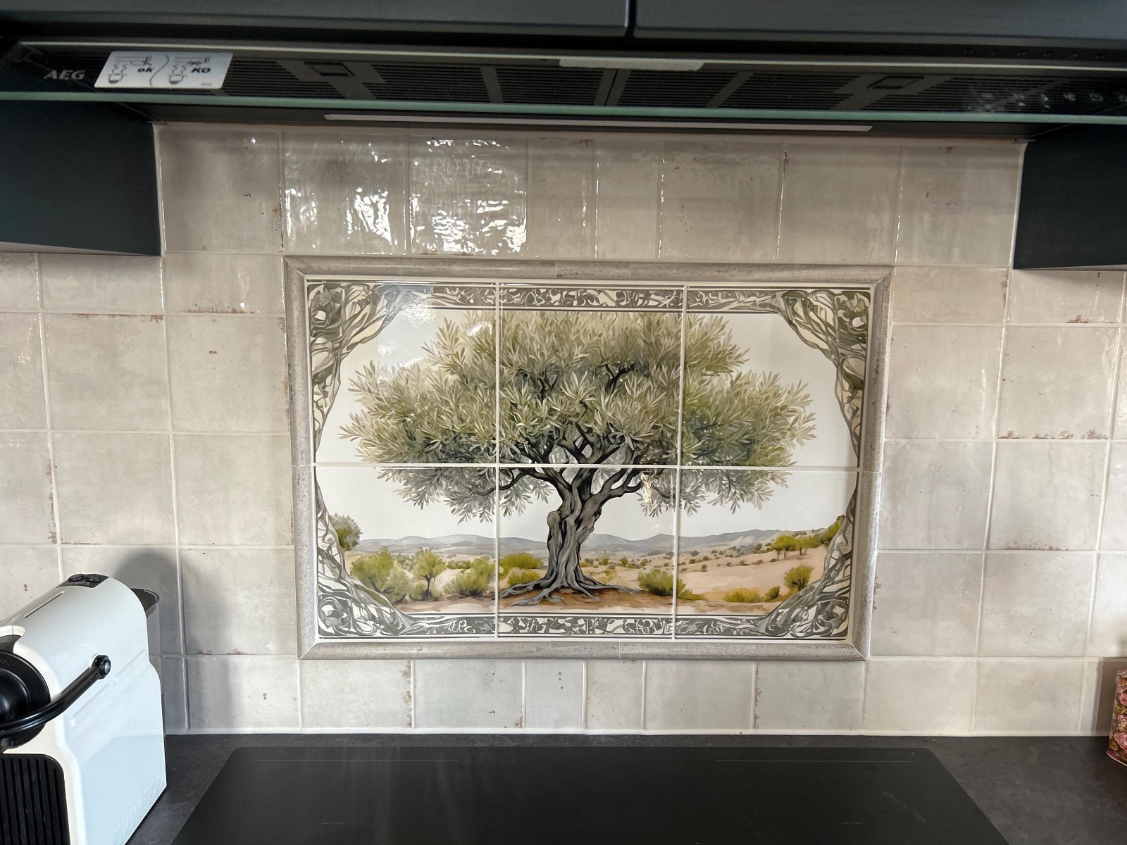 Mediterranean olive tree tiles backsplash, kitchen tile tree design, stove tiles