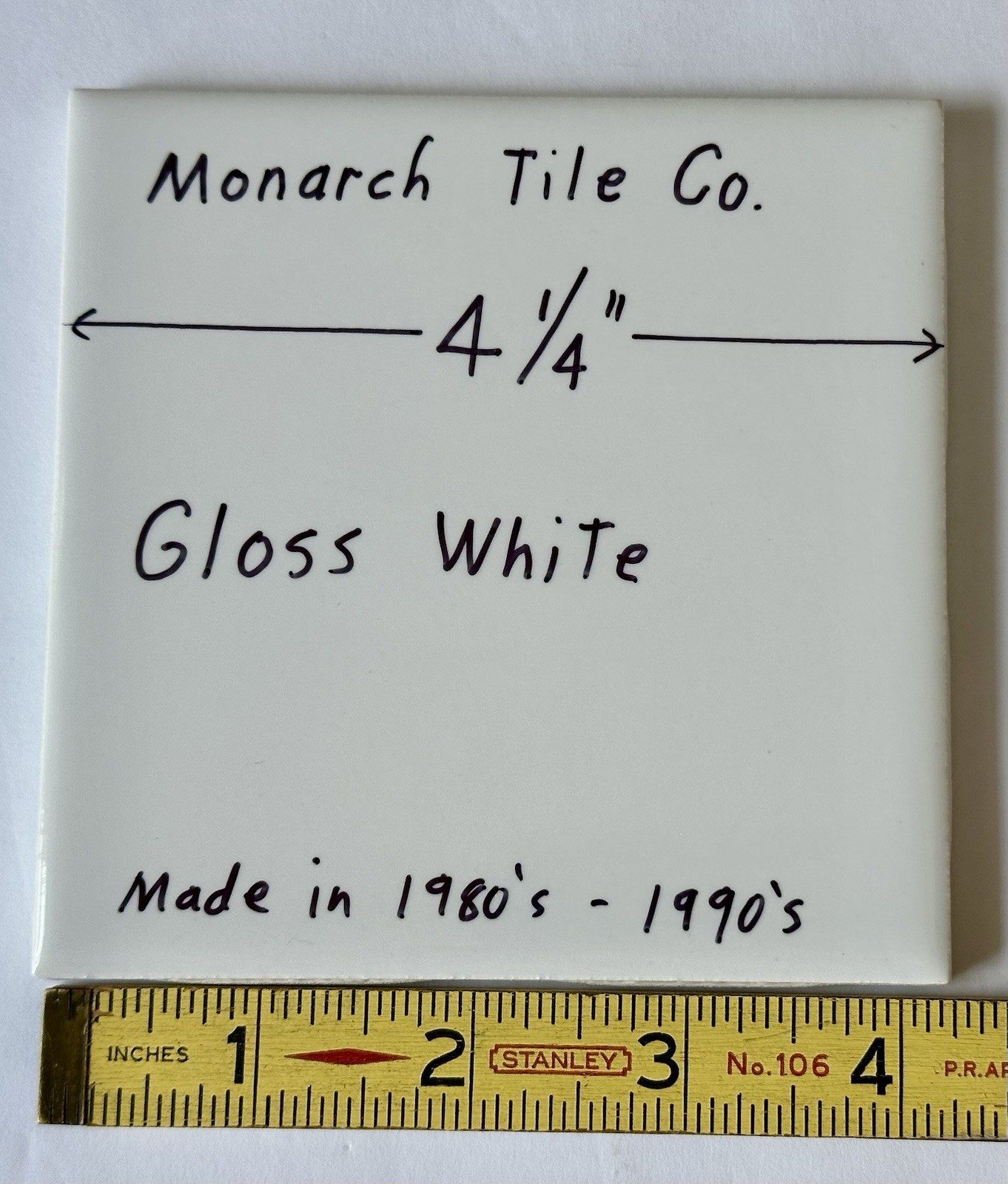 1 pc. Gloss – Bright – White: 4-1/4″ Ceramic Tile by Monarch Tile Co. USA, New