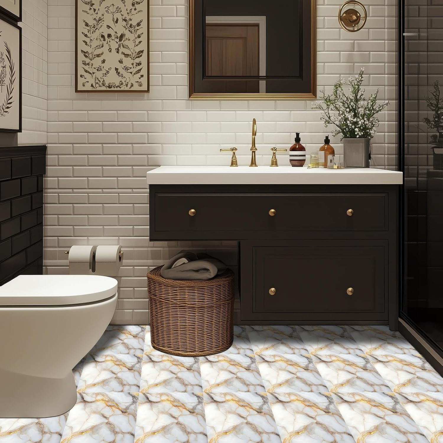 10PCS 12×12 Gold Vein Marble Peel and Stick Vinyl Floor Tiles
