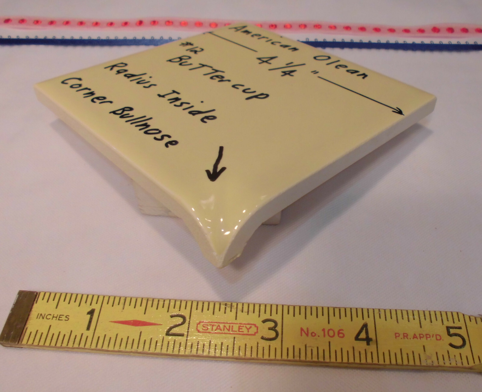 Buttercup Yellow; Glossy Radius Inside Corner Bullnose Ceramic Tile 4-1/4″ A.O.