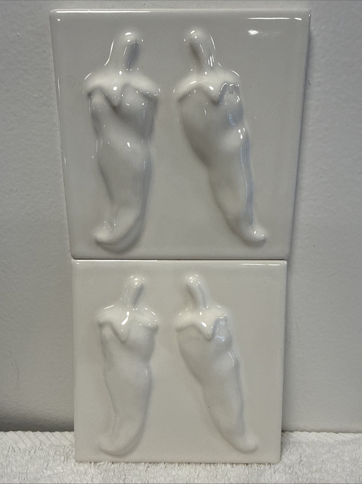 NEW – Pair of 2 Jeffrey Court 4″ 4.25″ Embossed Chili Pepper Tiles White Ceramic
