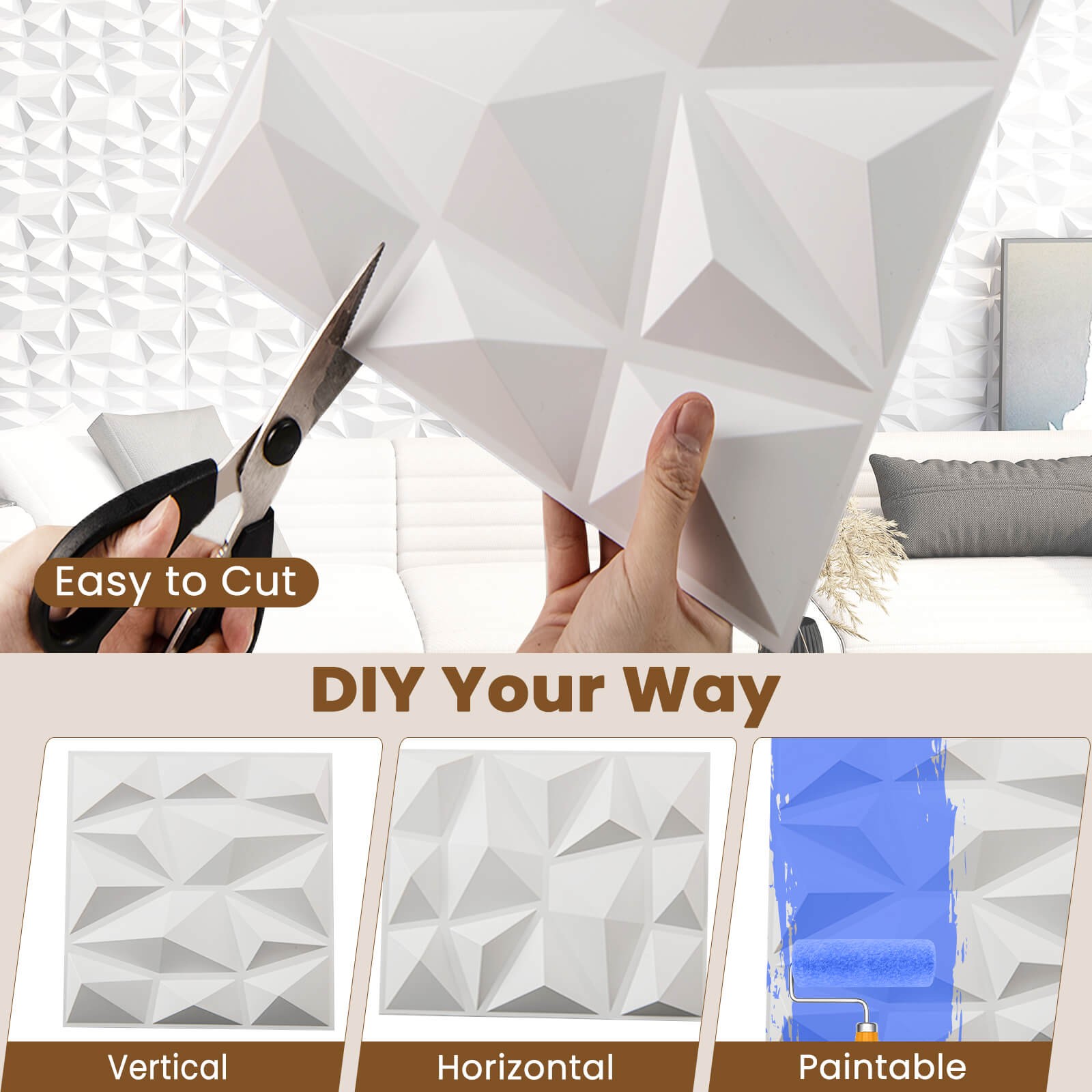50 Pack 3D Wall Panels, PVC Diamond Textured Wall Tiles for DIY Painting