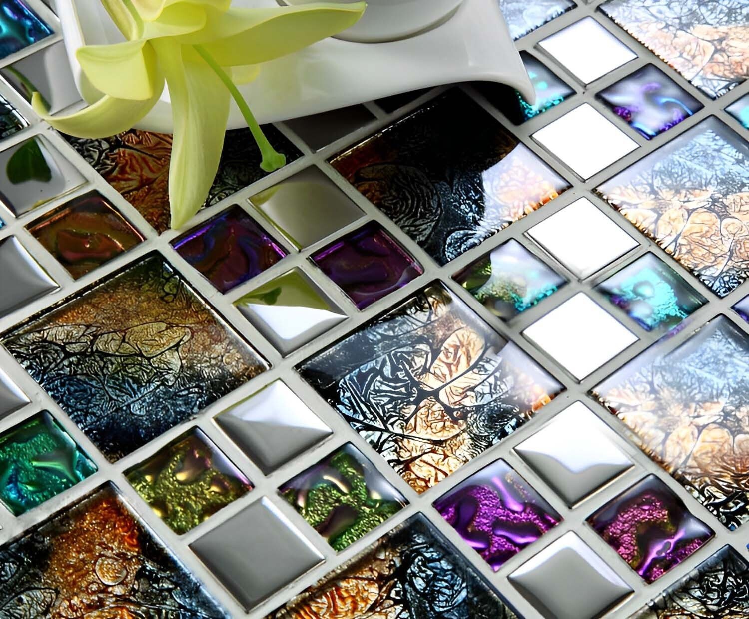 Glossy Glass Tile Multicolor Mosaic Versaille Pattern Backsplash & Wall Tile