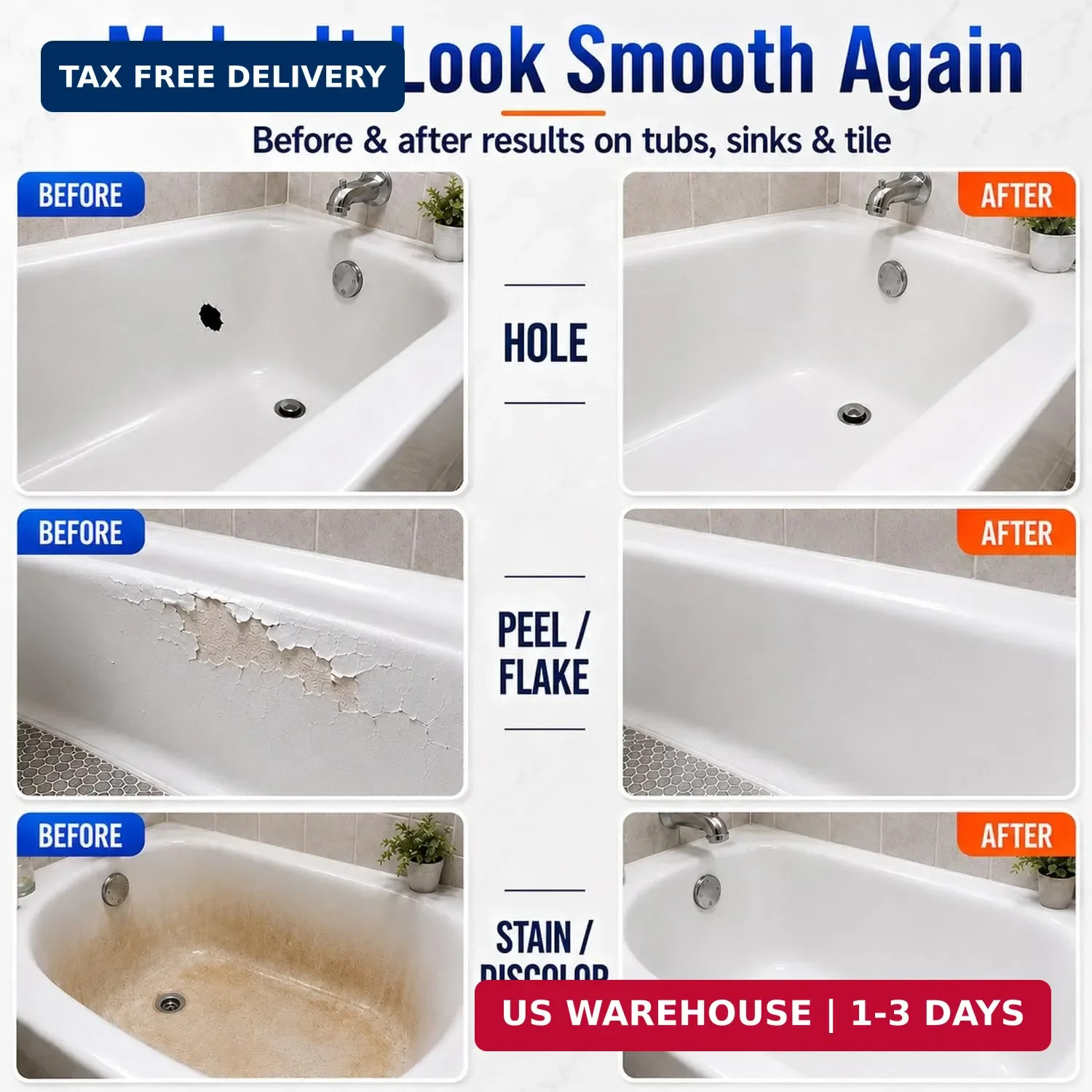 Tub Repair Kit White, Tub Chip and Bathtub Repair Kit for Enamel, Fiberglass, Ac