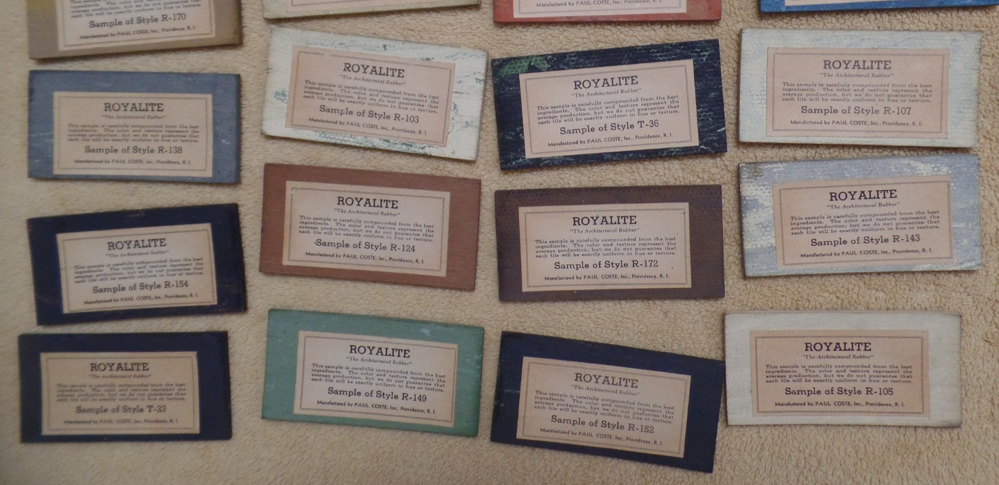 Vintage floor tile samples, Royalite, Paul Coste, Inc. Providence RI, with box