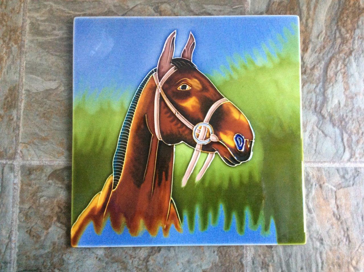 Vintage Horse Head Ceramic Tile/Plaque, Large, Brown Horse, Glaze Crackles