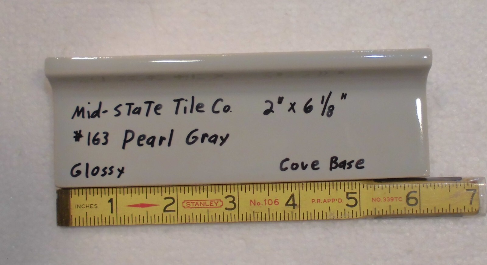 1 pc. Pearl Gray: 2” X 6-1/8” Glossy Ceramic Cove Base Tile, Flat Top, NOS