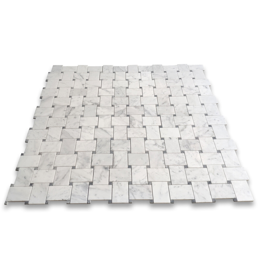 C667XP Carrara White Marble Large Basketweave Tile Bardiglio Gray Dots Polish