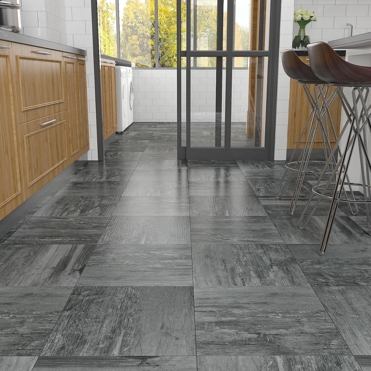 Renter-Friendly Dark Grey Wood Peel and Stick Floor Tiles – 4 Sheets Included
