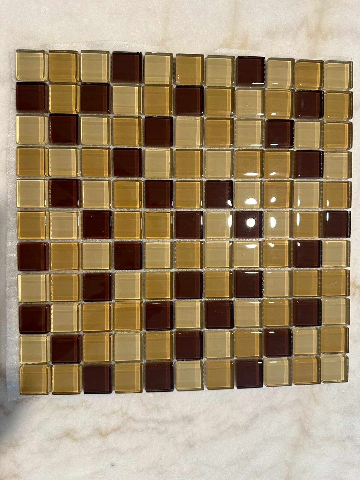 Dark Beige Mix Glossy Glass Mosaic 1″x1″ Stacked Mesh Mounted