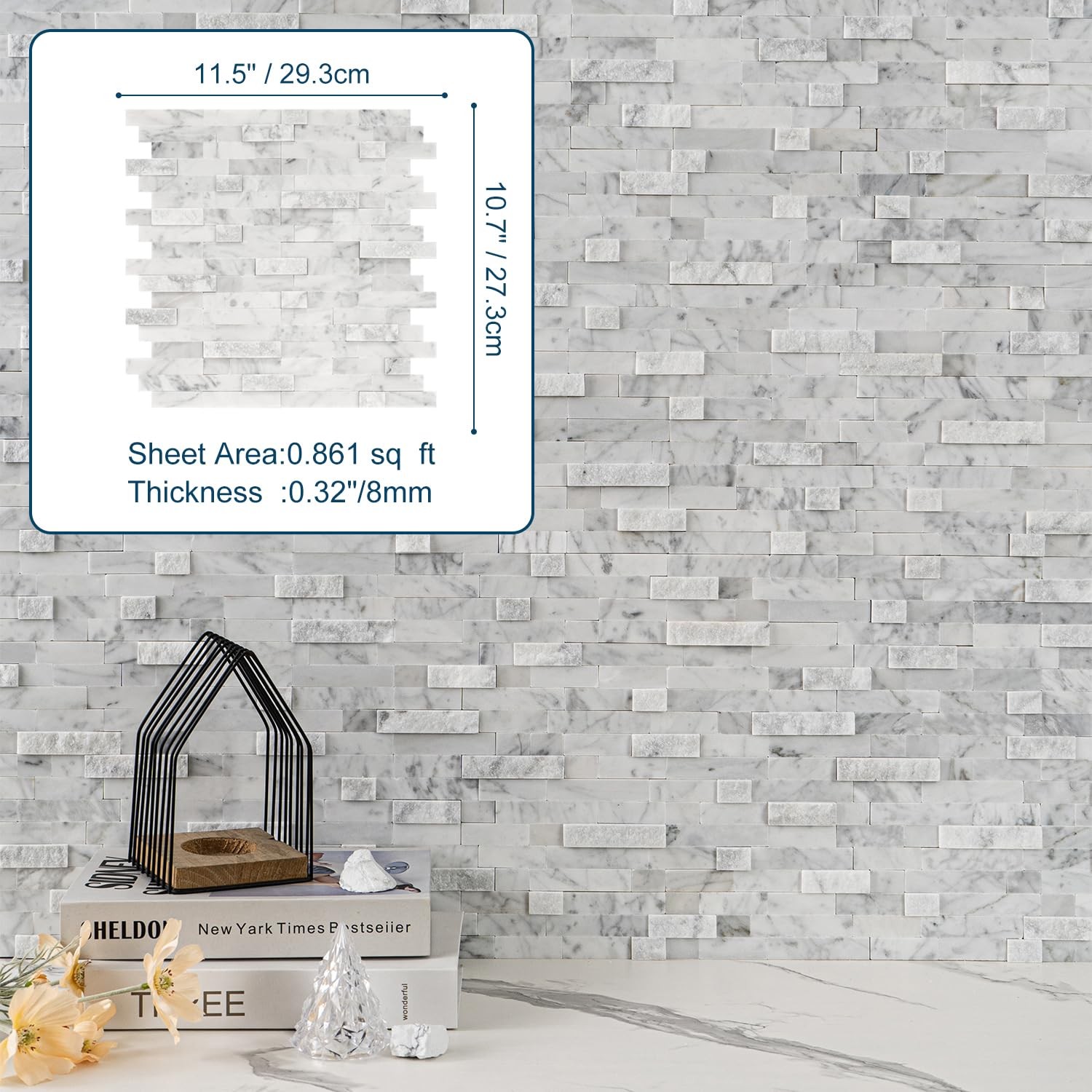 Grout-Free Natural Stone Peel and Stick Backsplash – 5 Sheets 3D Textured Gra…