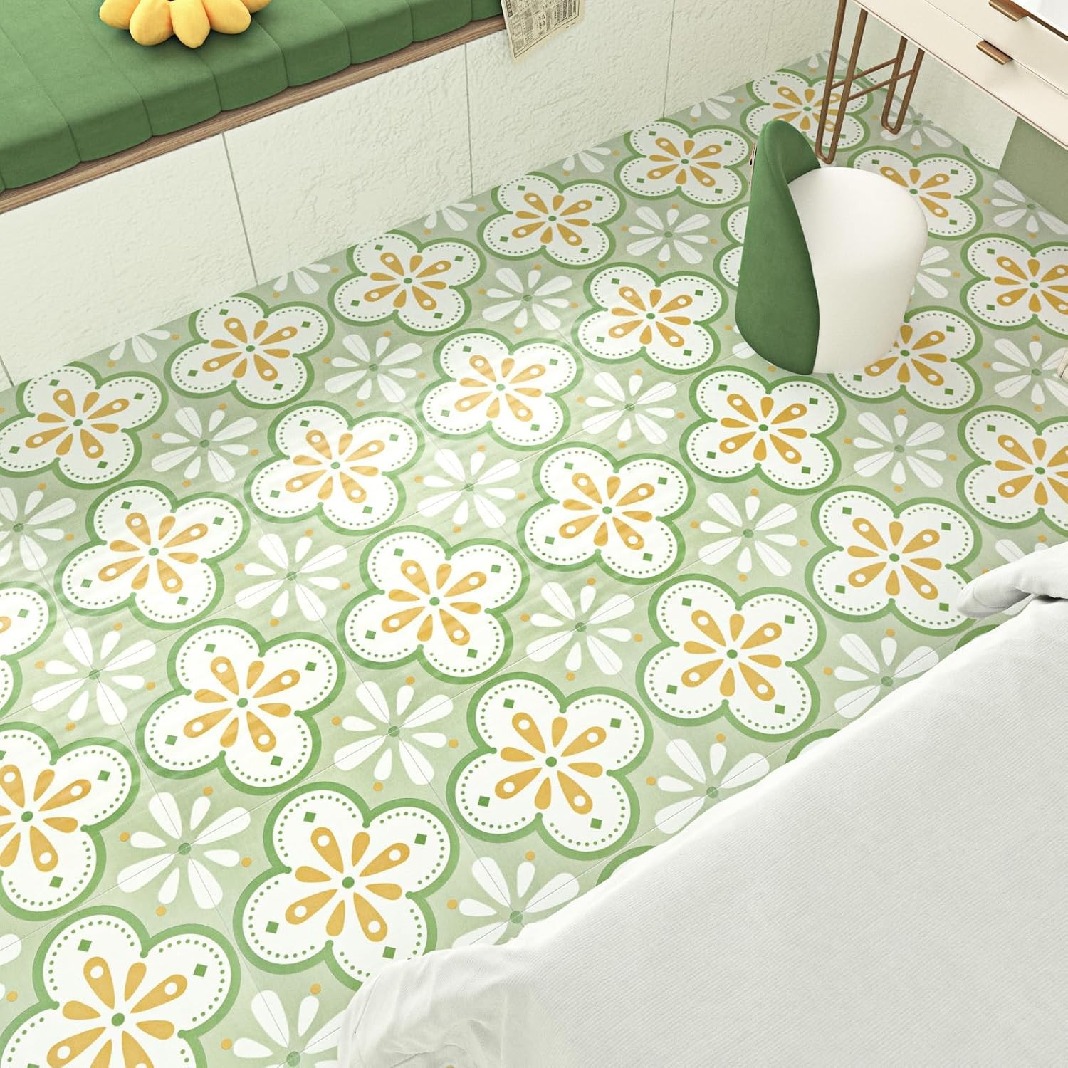 12″x12″ Green Boho Floral Peel and Stick Floor Tile Self Adhesive Waterproof