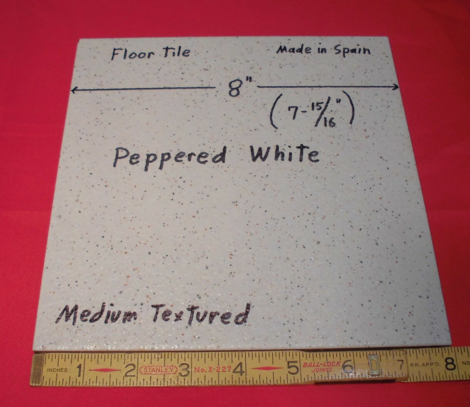 1 pc. “White – Peppered” Ceramic Floor Tile: 8″ X 8″ Textured, made in Spain