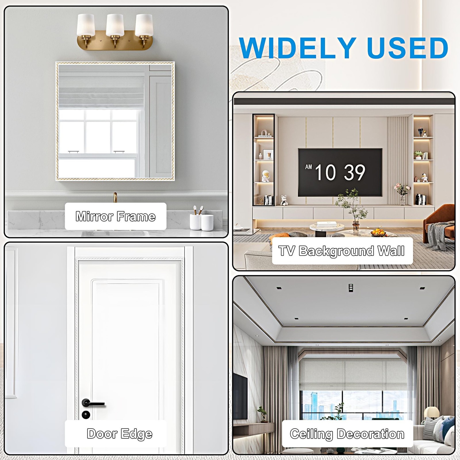 JUNART PVC Moldings Trim, 300cm×2cm, Peel and Stick Self-Adhesive, Coving f