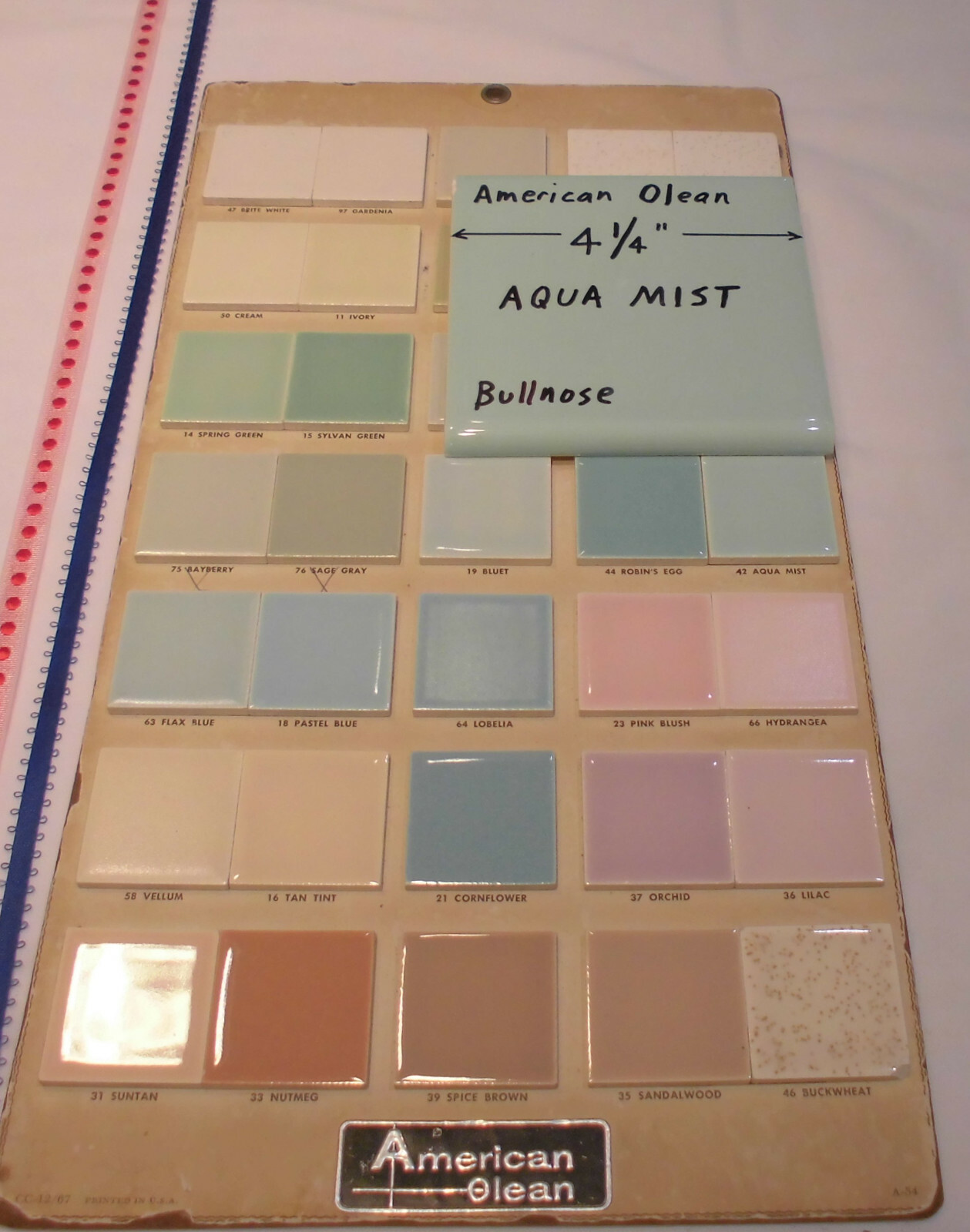 1 pc. *Aqua Mist* Vintage Glossy Ceramic Bullnose Tile 4-1/4” blue-green by A.O.