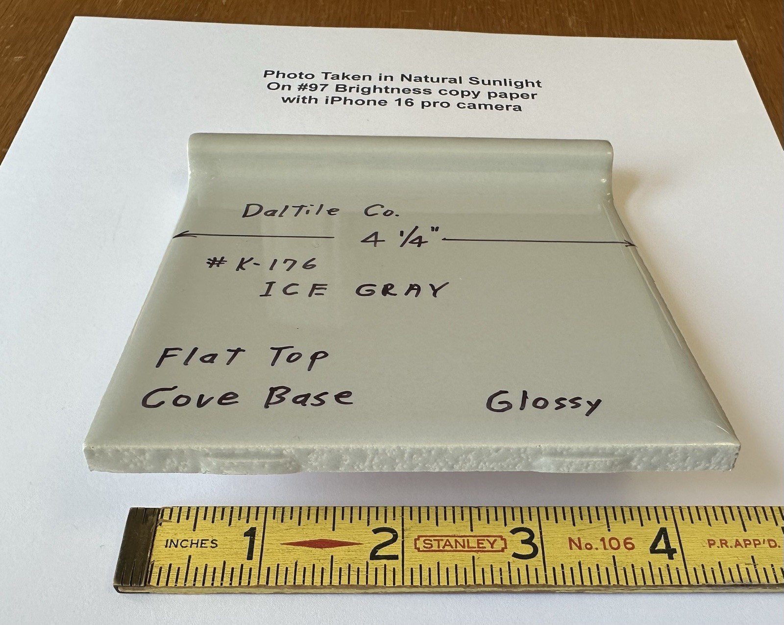 1 pc. Gloss Ice-Gray: stack-on-top Cove Base Ceramic Tile, 4-1/4″ by Daltile NEW