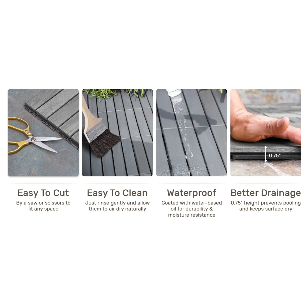 30PCS 12x12in Light Gray Acacia Wood Interlocking Deck Tiles Striped Outdoor