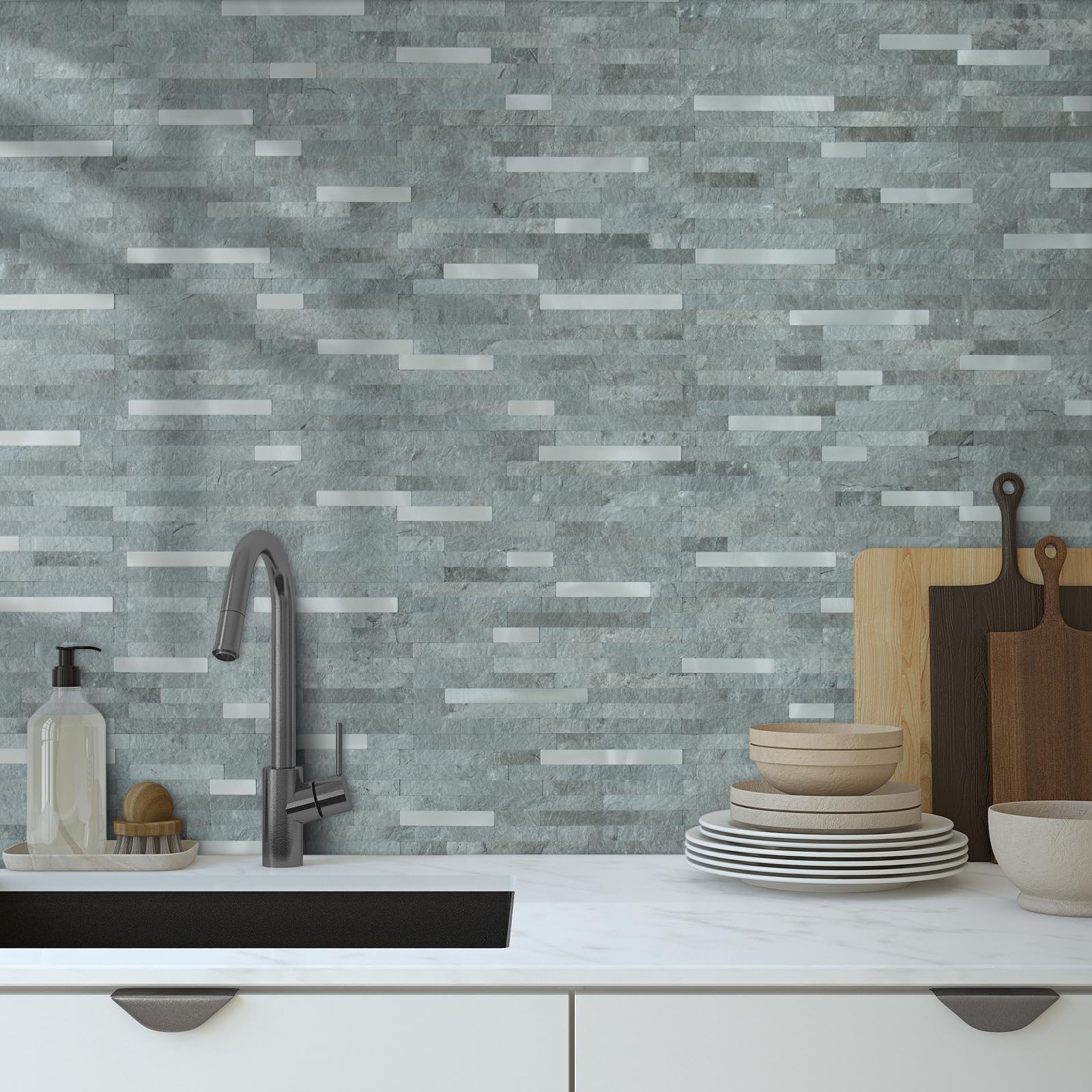 AULIGET 20 Sheets Mountain Rock Peel and Stick Backsplash, PVC Mixed Metal Go…