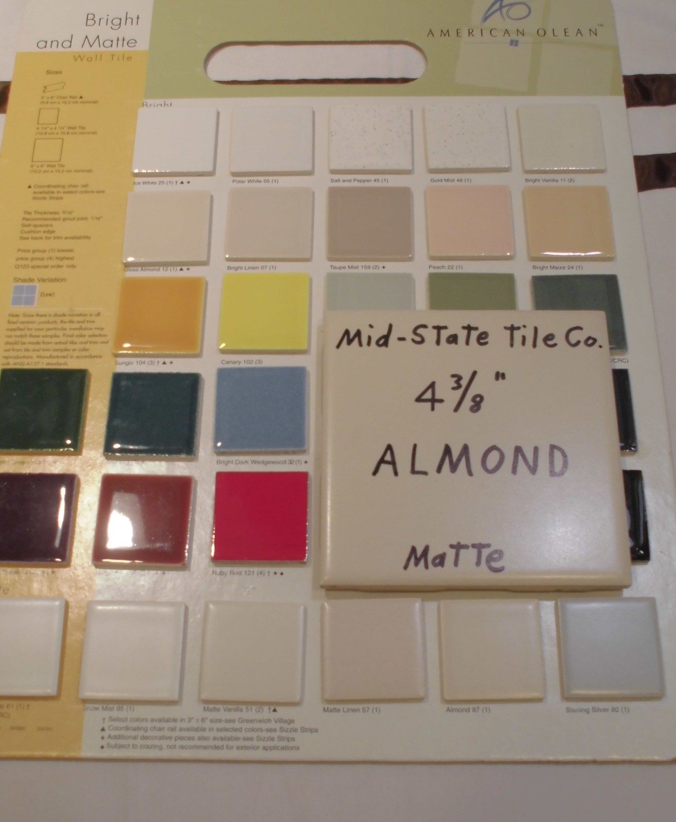 1 pc. Vintage Matte *Almond* Ceramic Tiles 4-3/8″ by Mid-State-Tile NOS