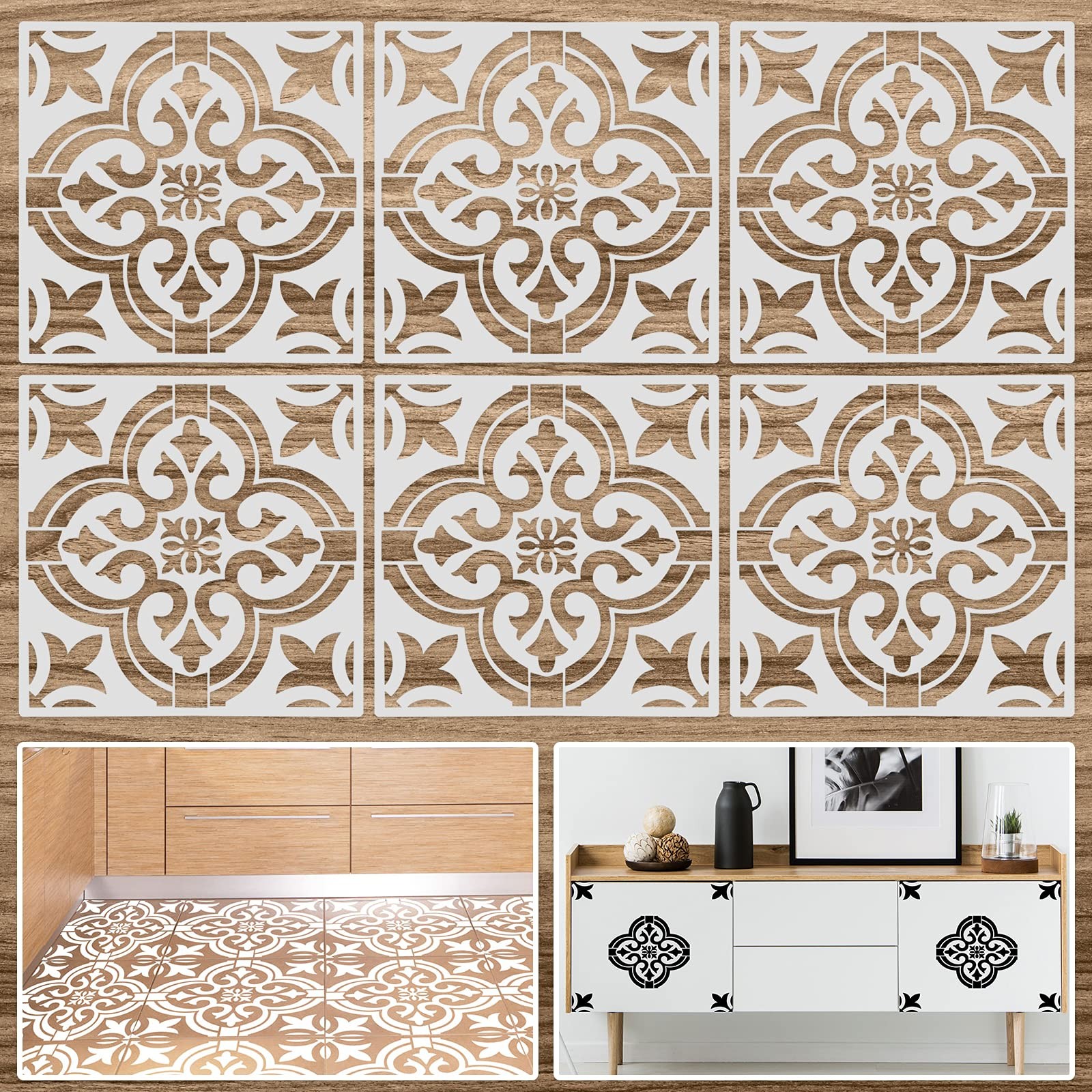 Mandala 6 Pieces Reusable Tile Stencil 12 x 12 Inches Wall Templates Tile Patter