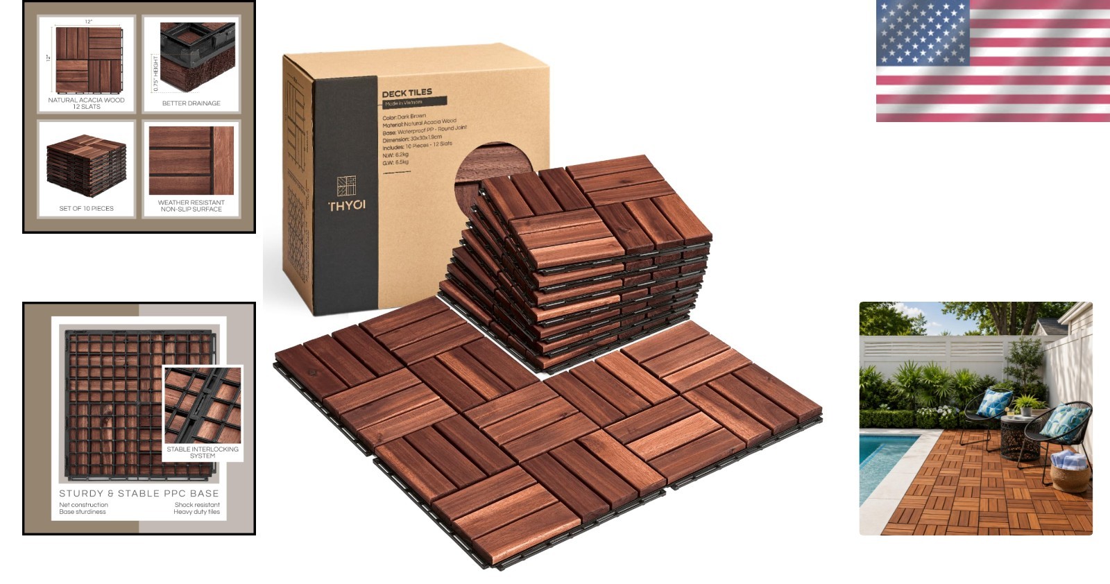 Luxury Acacia Deck Tiles for Patios & Backyards – 10 Pcs, Easy Snap Assembly