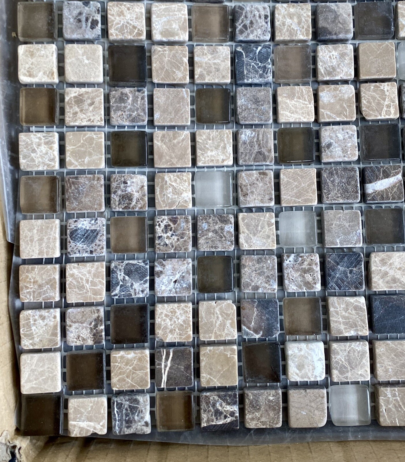 Stone & Glass Mini Mosaic 5/8” X 5/8 Tiles, ONE Sheet. Neutral Colors.