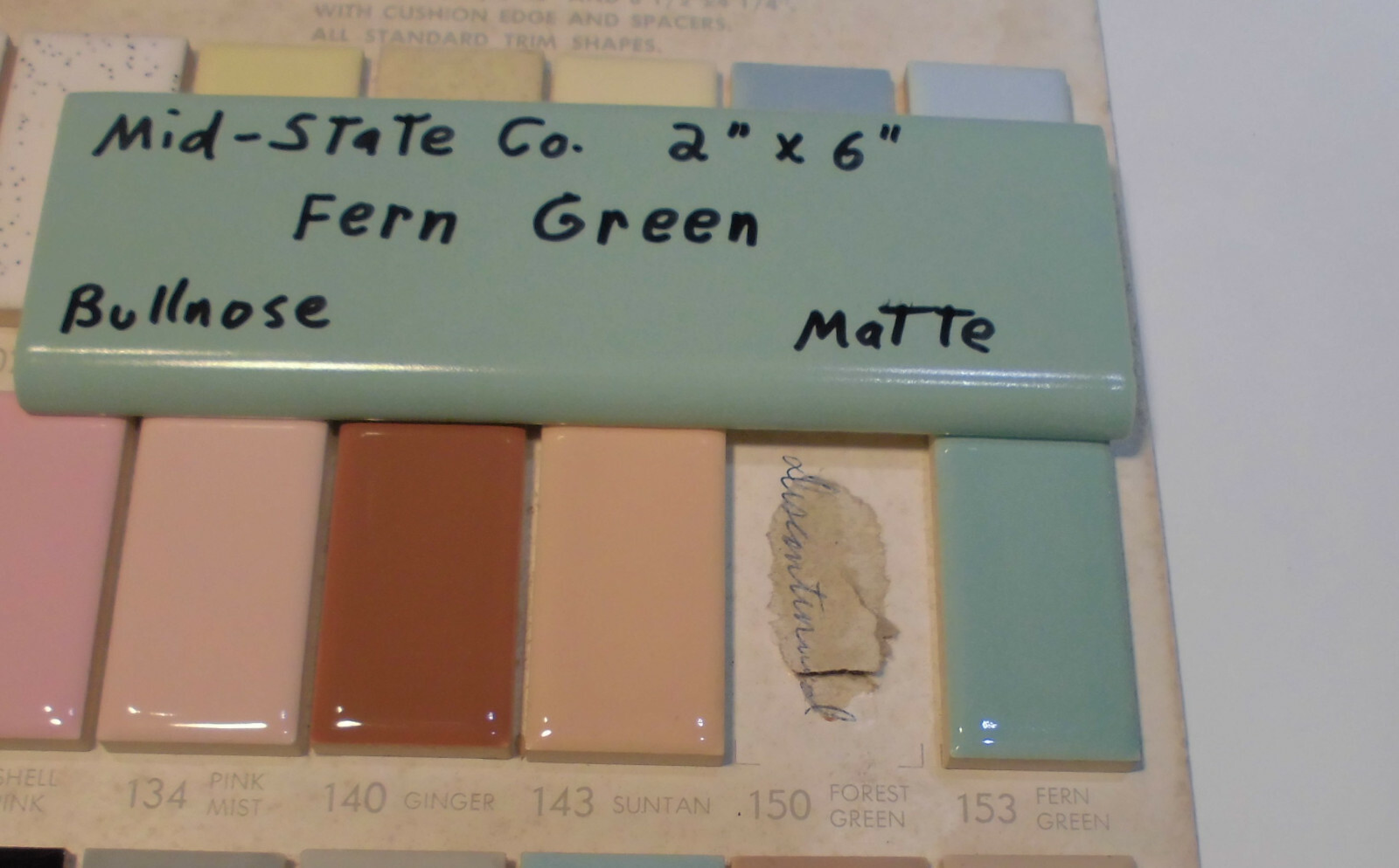 1 pc. Vintage *Fern Green* 2” X 6” Matte Ceramic Bullnose Tile by Mid-State Co.