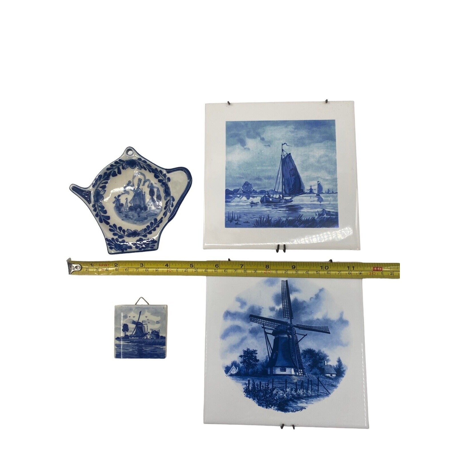Delft Nautical Sailboat Windmill Holland Germany Set of 4 Ceramic Tiles Dishes