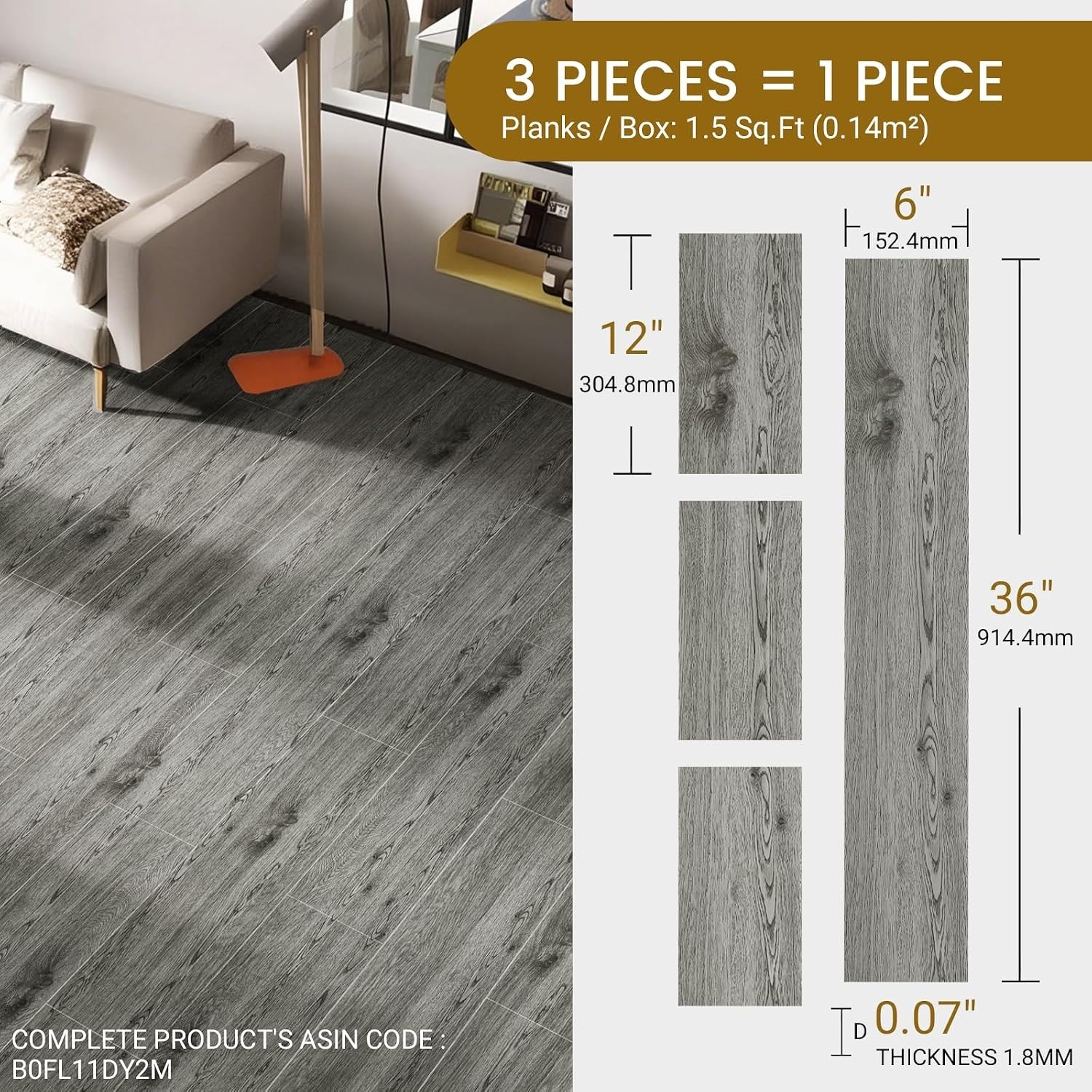 Peel and Stick Vinyl Floor Tile Sample Kit 3-Pack, 12″x6″ Ash Grey Wood Look,…