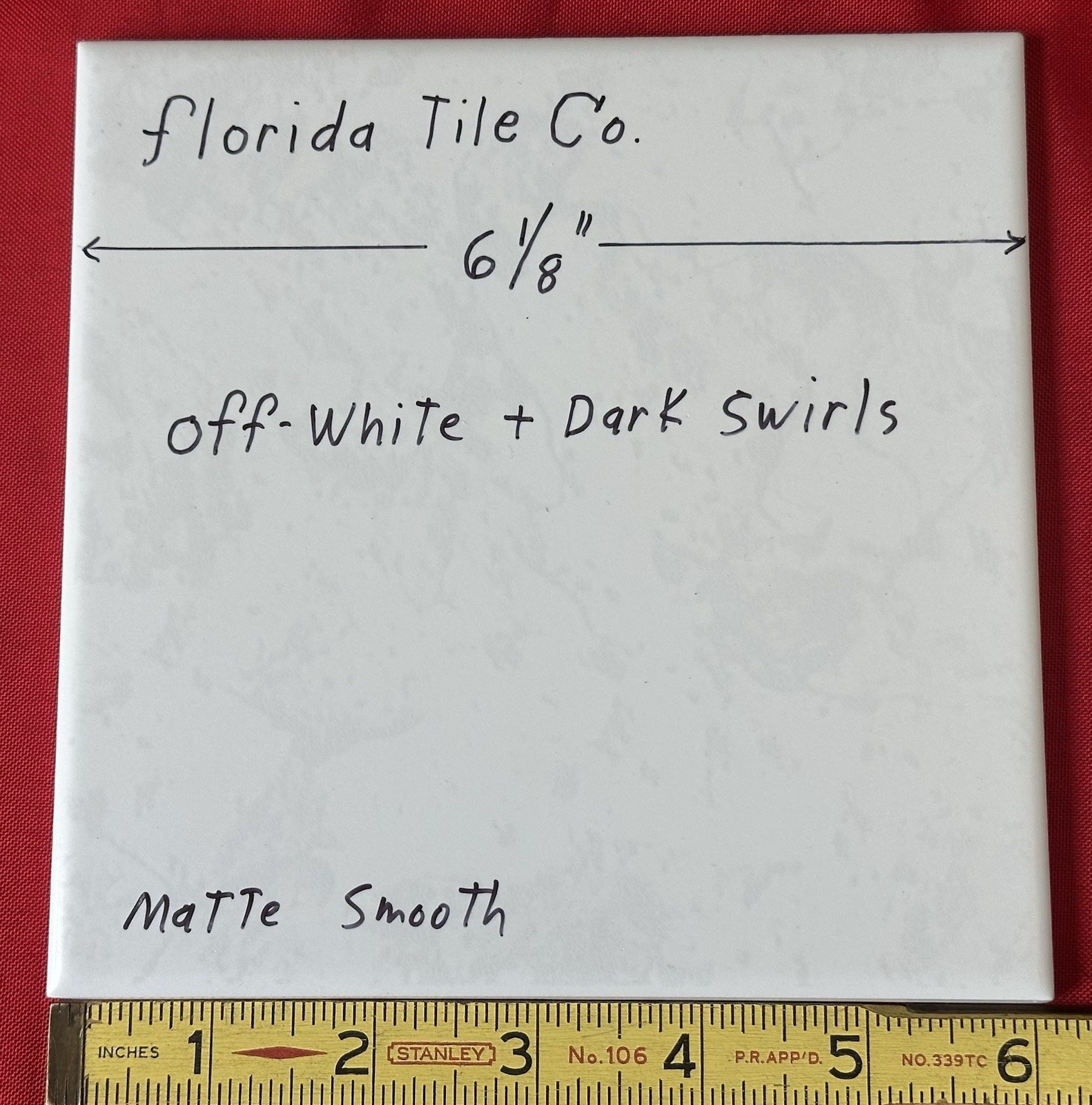 1 pc. Off-White + Dark Swirls: 6-1/8″ Square, Matte Ceramic Tile by Florida, NEW