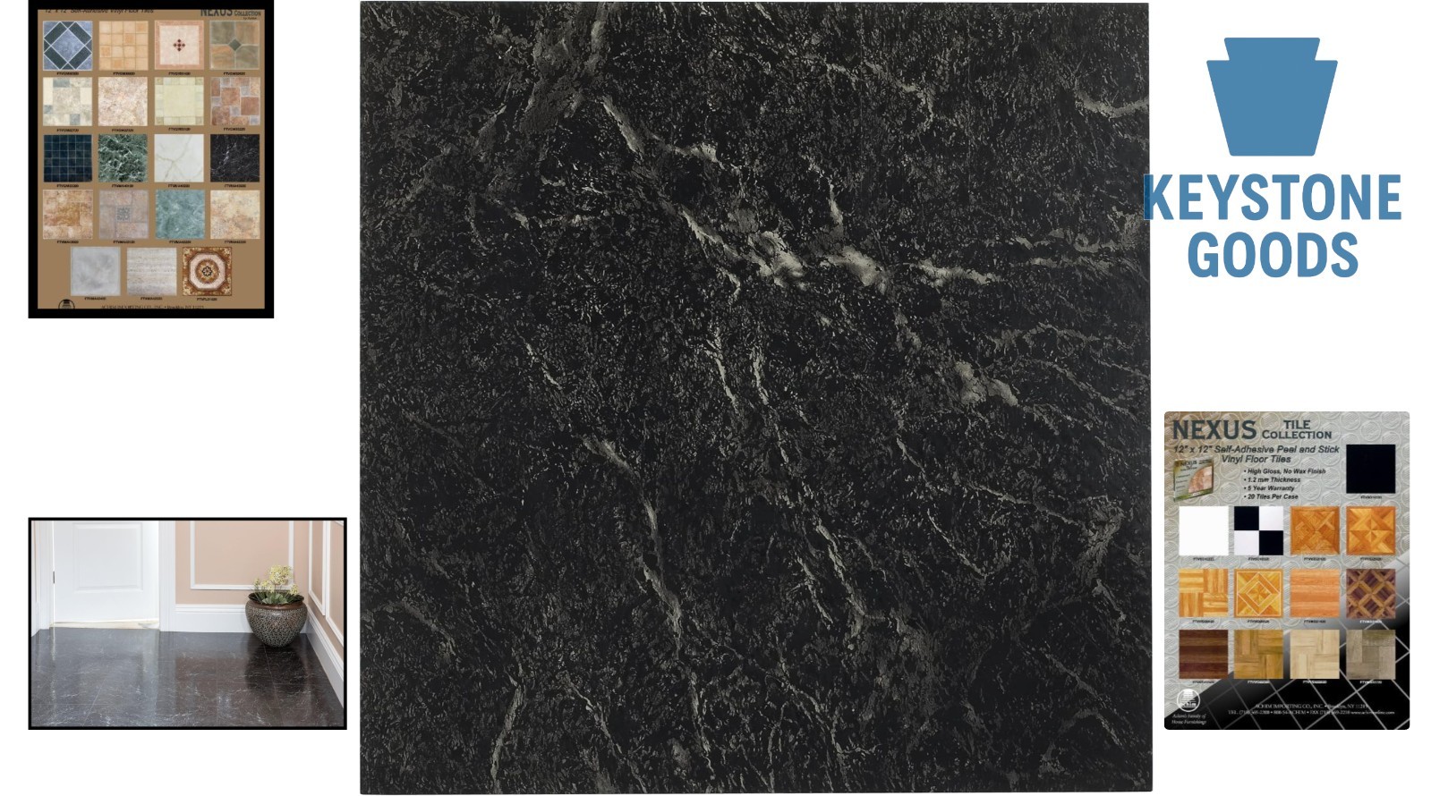 Nexus 20 sq ft Black & White Marble Vinyl Floor Tiles – Peel & Stick DIY Remodel
